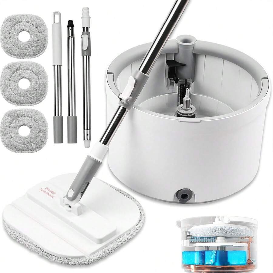 360° Round Spin Mop And Bucket System – Dual Compartment, Separate Clean & Dirty Water – 3 High-Absorbent Microfiber Washable Heads – All Types Floor Cleaning - White - View 1