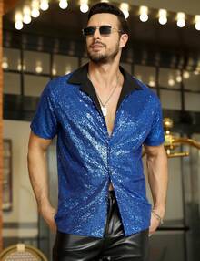 Men's Sequin Shirt 70s Costume Nightclub Party Short Sleeve Sparkle Disco Shirts - 藍色 - 查看 3