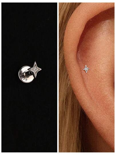 1pc 925 Sterling Silver Star Stud Earrings, Women's Earrings, Flat Ear Cartilage Studs, Suitable For Daily Wear, Wedding, Party, Engagement, Christmas Gift, Exquisite Jewelry