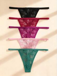 5条装女士花卉蕾丝丁字裤，性感低腰舒适透气内裤