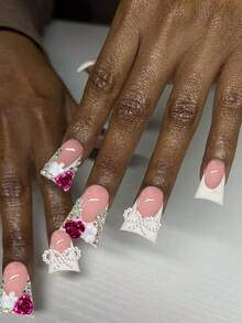 24pcs Y2K Long Coffin Nail Stickers To Elevate Your Look! White, Adorned With 3D Faux Pearl Bow And Floral Crystal Decor, French Manicure Stickers With Excellent Fit. Set Includes: 1pc Jelly Gel And 1pc Nail File. Duck Tip French Nails, Suitable For Women And Girls To DIY For Daily, Holiday Party, Etc.