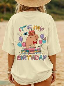 Emotionally Stable Capybara, Tween Boy Casual Fashion Creative Minimalist Pattern T-Shirt, Suitable For Children In Summer, Teenager Shirt - Apricot - View 3