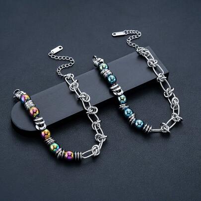 1件新款男士不锈钢串珠手链，多色可选，钛钢材质，尽显奢华气质