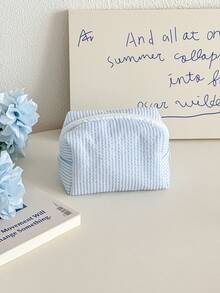 条纹图案蓬松柔软女士化妆包，拉链旅行化妆包，可爱格子洗漱包，返校用品