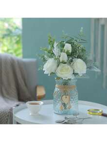 1束人造玫瑰配尤加利叶，仿真植物塑料花，新娘捧花装饰，适用于家居、母亲节、婚礼派对、办公室、农舍、餐厅、客厅、卧室、餐桌、茶几、房间装饰、返校季、感恩节、圣诞节等节日礼物 - 白色 - 查看 5