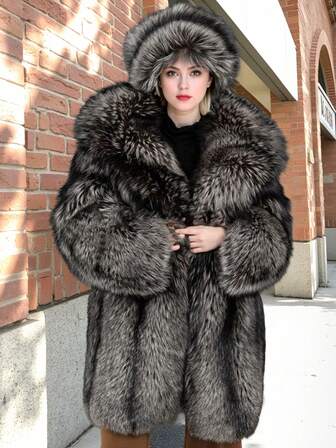 Women's Luxurious Midi Faux Fur Coat With Collar And Long Regular Sleeves Fuzzy Outerwear,Suitable For Christmas, New Year, And Thanksgiving,A Women's Winter Coats