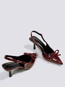 Sapatos Formais de Salto Alto Bordô de 7cm, Salto Gatinho com Decoração de Laço, Sandálias de Bico Fino com Elástico