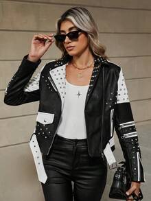 Women's Autumn/Winter Faux Leather Biker Jacket - Rhinestone Embellished, Asymmetric Zipper Design, Adds Fashionable Touch To Street Style In Cold Season - Đen và trắng - Xem 8