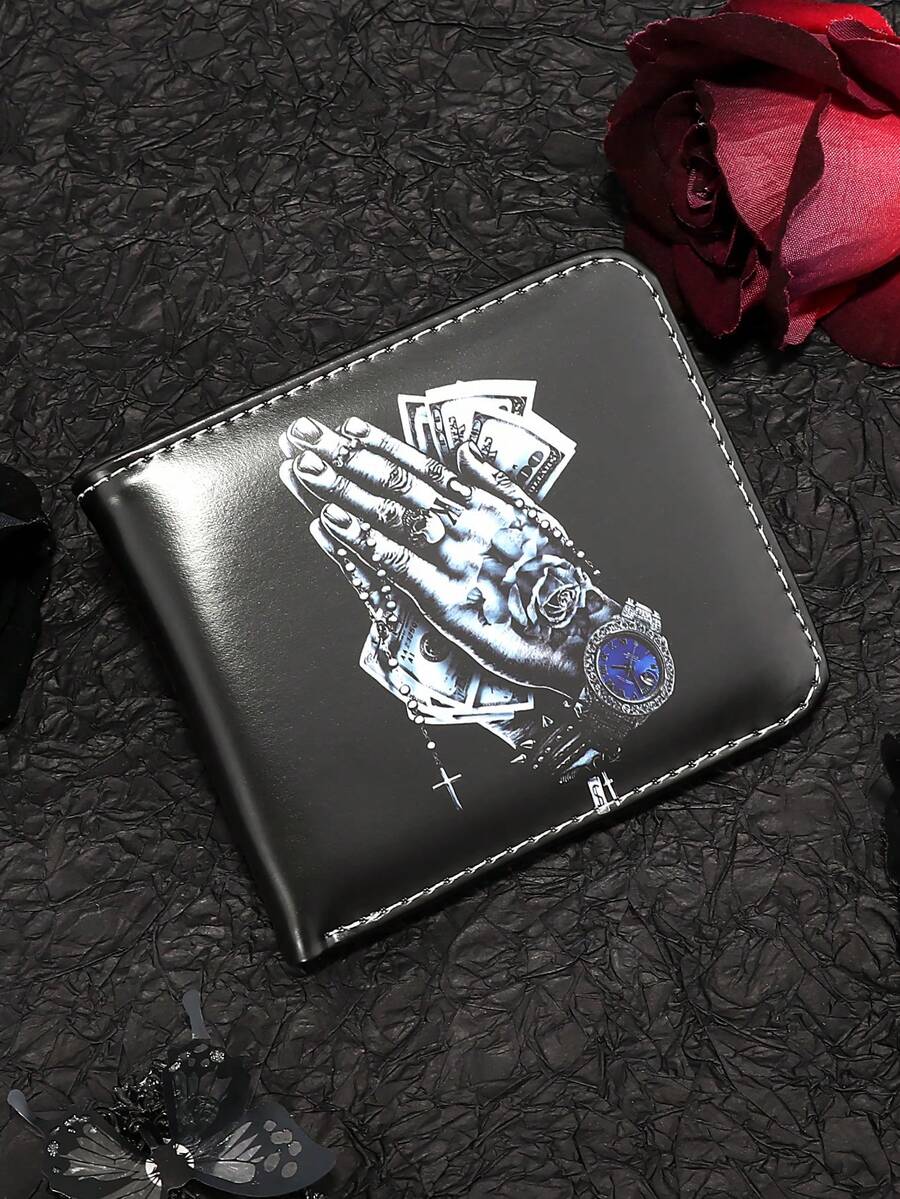 Ví nam thời trang PUNK bán chạy, mới về, họa tiết hoa hồng, chất liệu da PU, kiểu gập ngắn, đa năng, in hình, kẹp tiền, đựng thẻ, ví đựng tiền xu cho nam, ví mini, ví nhỏ. - màu đen - Xem 1