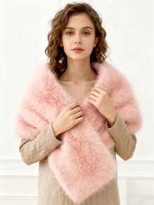 一件仿毛皮新娘披肩，带领，秋冬季婚纱斗篷围巾，冬季保暖仿毛皮新娘披肩领围巾 - 淺粉色 - 查看 2