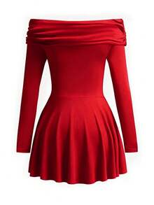 Women's Elegant Glitter Off-Shoulder Cinched Waist Dress, Autumn - Red - View 3