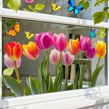 1/3pcs Spring Tulip Sunflower Wild Flower Stickers, Colorful Butterfly Static Cling Window Film, Suitable For Home Living Room Glass Door Decor, Anti-Collision Window Sticker, Reusable, Waterproof, Seasonal Holiday Decor PVC Film - Multicolor - View 5