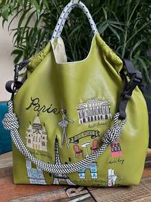 1个新款时尚多功能皮革刺绣图案可折叠大容量手提包，配有可调节肩带，适合日常通勤和购物 - 彩色 - 查看 5