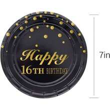 16th Birthday Party Supplies, 50 piezas Happy 16th Birthday+platos desechables de papel de pulgadas para 16 aos de edad de cumpleaos - Dorado y black - Ver 2