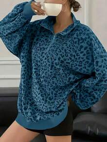 Plus Women's Leopard Print Half Zipper Loose Sweatshirt - 藍色 - 查看 3