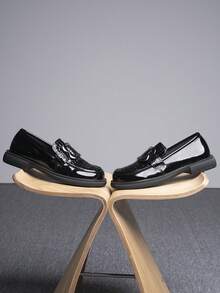 Women's Silver-Gray Metal Buckle Decor Round Toe Black Stone Textured Loafers, Fashionable Korean Style For School/Uniform, Suitable For Teachers/Students/Moms/Office Workers, Casual Chunky Heels - Black - View 6