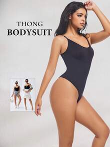 一件装女士无缝露背连体裤，收腹塑身衣 - 黑色 - 查看 1