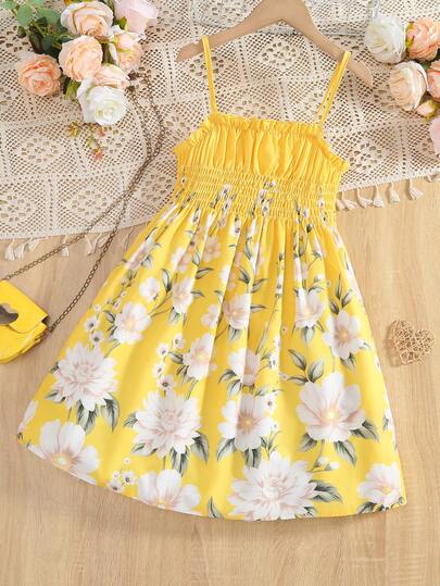 1pc Girls Outdoor Vacation Beach Lovely Colorful Vibrant Cute Snug Fit Waist Fashionable Floral Print Camisole Dress, Summer
