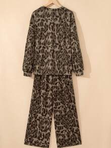 Conjunto de sudadera con capucha y pantalón holgado con cordón en estampado de leopardo - Marrón - Ver 4