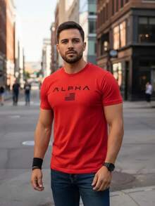 Camiseta casual transpirable para hombre manga corta diseño gráfico personalizado  estampado de logo minimalista moda urbana comodidad y estilo en una prenda esencial para el guardarropa masculino - Rojo - Ver 4