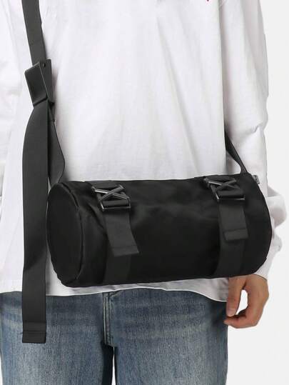 Men's Shoulder & Crossbody Bag - Black Functional Cylindrical Bag, Nylon Military Style Messenger Bag, Multi-Buckle Design Men's Shoulder Bag, Casual Street Lightweight Carry-On Bag