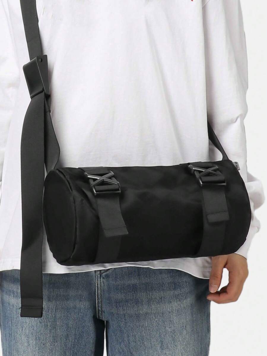 Men's Shoulder & Crossbody Bag - Black Functional Cylindrical Bag, Nylon Military Style Messenger Bag, Multi-Buckle Design Men's Shoulder Bag, Casual Street Lightweight Carry-On Bag - Black - View 1