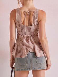 Women's V Neck Wide Strap Crop Tank Tops Slim Fit Sleeveless Going Out Top Lace Trim Peplum Ruffle Hem Back Tie Cutout Cami Tops Fashion Printed Casual Halter Tops - 粉色 - 查看 4