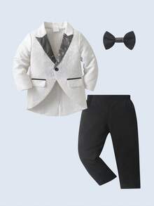 BOARNSEORL 2pcs Baby Boys Gentleman Outfit, Long Sleeve Tailcoat Jacket With Bowknot And Pants, Fashion & , Suitable For Evening Party, Wedding, Piano Recital, Christmas Gathering - Black and White - View 2