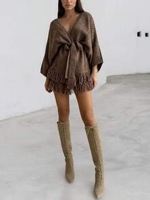 女士新款V领系腰双层流苏下摆修身休闲时尚迷你针织开衫，适合派对和外出，秋冬季 - 棕色 - 查看 4