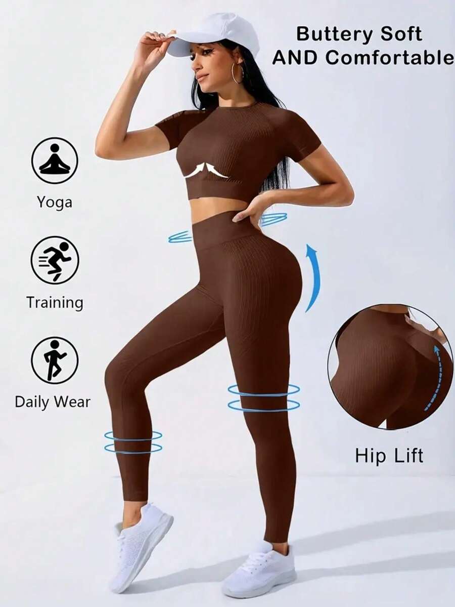 Workout Sets Outfits For Women – Yoga Leggings With Short Sleeve Crop Top, Slim Fit Tummy Control Butt Lifting Waist Shaping, Seamless Ribbed Texture, Breathable Soft Fabric, Non-Pilling, Perfect For Fall Winter Gym Yoga Running Fitness - 咖啡棕 - 查看 1