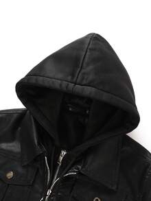 Women's Streetwear Faux Leather 2-In-1 Hoodie Jacket Black Zip Up Pocket Edgy Casual Fall Winter Outerwear Women's PU Leather Jacket - màu đen - Xem 5