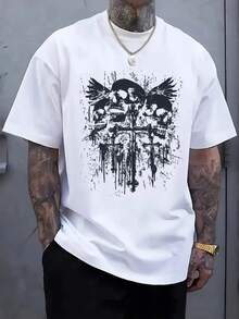Camiseta de Hombre Talla Grande, 100% Algodón, Diseño Calavera y Alas; Camiseta Cómoda de Manga Corta Perfecta para el Verano - [Blanco] - Ver 6