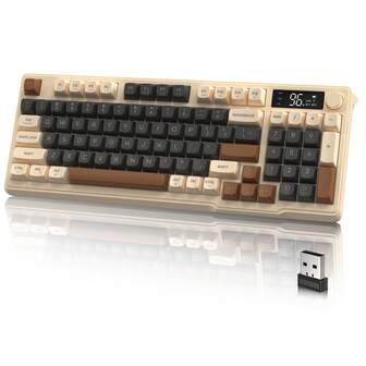 FREEWOLF ZIYOU LANG 无线游戏显示屏和旋钮键盘，静音薄膜开关薄膜键盘带多媒体键，BT 5.0/2.4Ghz 可充电 94 键 LED 照明键盘