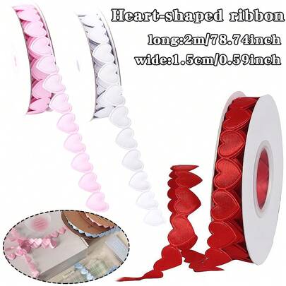 1.5cm/0.59in Wide X 2m/78.74in Long Heart-Shaped Polyester Ribbon, Floral Decorative Ribbon, Christmas Heart Ribbon, Gift Box Packaging Ribbon, Flower Shop Packaging, Valentine's Day Heart Ribbon, Holiday Cake Shop Packaging, Headpiece Ribbon Accessory