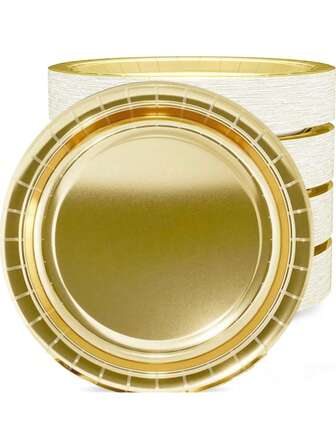 50 piezas/100 piezas Platos desechables de color dorado talla grande gruesos, platos para pasteles y postres, juego de vajilla, platos reutilizables adecuados para fiestas, reuniones, bodas, Año Nuevo, picnics, servicio de restaurante