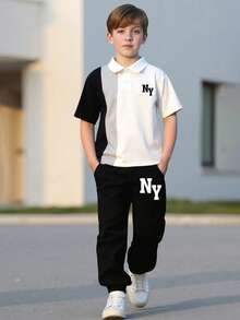 Tween Boy Cartoon Print Polo Shirt And Pants Set - White - View 8