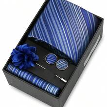 男士正式婚礼领带套装，涤纶面料领带，口袋巾，袖扣，胸针礼盒套装，金色格子图案 - 混色 - 查看 53