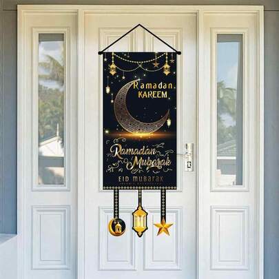 2 stycken Ramadan EID Mubarak hängande husnummer EID dekoration hängande skylt festdekoration svart guld månlykta banderoll Ramadan Kareem Gulban festivallogotyp heminredning festtillbehör