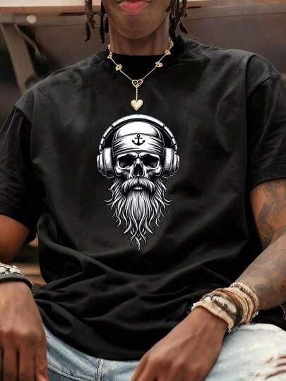 Camiseta estampada para hombres - diseño de esqueletos y auriculares, edición regular casual diario y formal con camiseta, adecuada para amantes de la música, ropa de verano, camisa estampada de esqueletos, versión cómoda, estilo callejero, diseño de moda, material transpirable, camisa estampada, joven