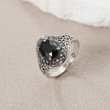 خاتم حجر كريم أسود محفور بطراز بوهيمي قديم، مجوهرات فضية متآكلة، تصميم فريد مخصص