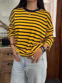Womens Loose Tunic Tops Long Sleeve Round Neck Stripes Print T-Shirts Spring Fall Blouses - Yellow - View 5