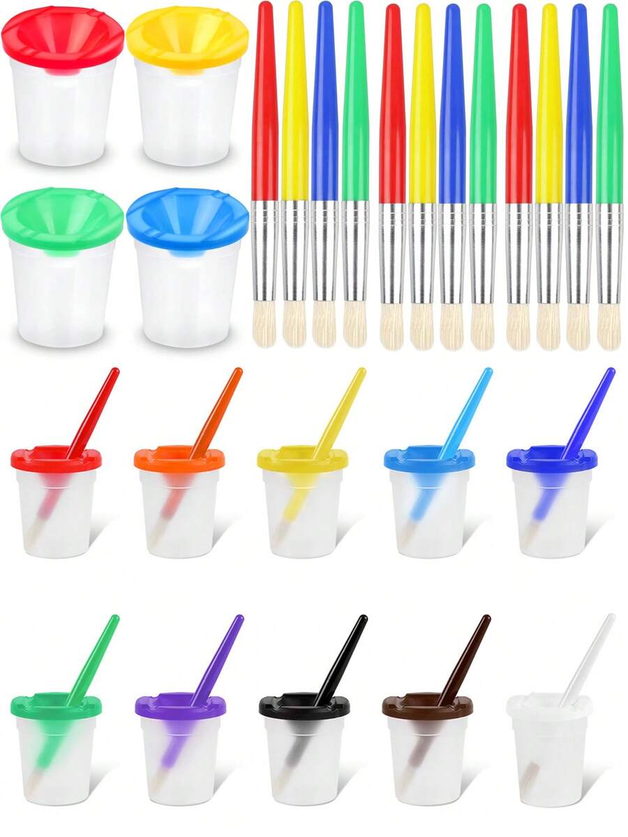10-Piece Spill-Proof Paint Cup Set With Brushes | All-In-One Kids' Art Kit For School Supplies & DIY Crafts | Back To School Creative Project Set - Multicolor - View 1