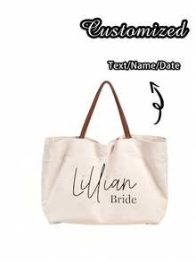 Custom Bridesmaid Beach Tote, Personalized Ivory Canvas Handbag With Name For Weddings Bridal Parties And Travel - White - View 5