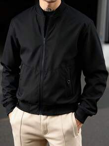 1pc Men's Solid Color Jacket, Casual Loose Fit Versatile Outdoor Sports Hiking Windbreaker, Autumn/Winter - Black - View 2