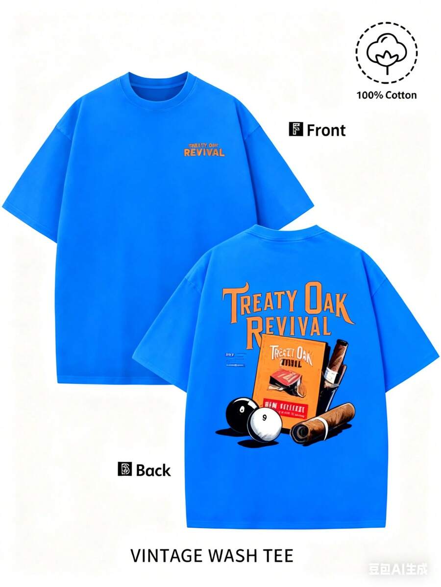 Men'S Bold "TREATY OAK REVIVAL" Print T-Shirt, Casual Round Neck Short Sleeve, 230g Washed Cotton, Summer High Quality Casual Sportswear, Comfortable And Breathable, Machine WashableNew Unisex T-Shirt - 藍色 - 查看 1
