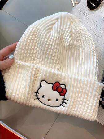 Sanrio 1 件 Hello Kitty 可爱时尚针织帽，厚实保暖针织帽，护耳简约毛绒帽，适合冬季户外使用