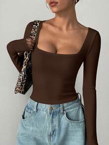 imisic Sexy Long Sleeve Square Neck Jumpsuit Dress, Basic Tight-Fitting Piece, Excellent Shaping Effect, Suitable For Workout, Casual Wear And Daily Activities - Coffee Brown - View 7