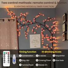 DIY Cherry Enchanted Willow Vine Lights,7.55/6.2/3.9 FT 144/96/48 LED Cherry Blossom Lights With Remote Timer,8 Lighting Modes,LED Tree Branch Light For Wall,Cherry Blossom Wall Decor For Bedroom Home - 粉色 - 查看 7