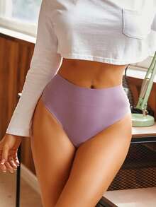 FINETOO 女士纯色极简高腰无痕塑形丁字裤 - 紫色 - 查看 1