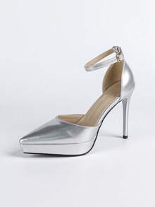 Women's Buckle Decor Party Shoes, Nightclub Style,Platform Heels - Silver - View 7